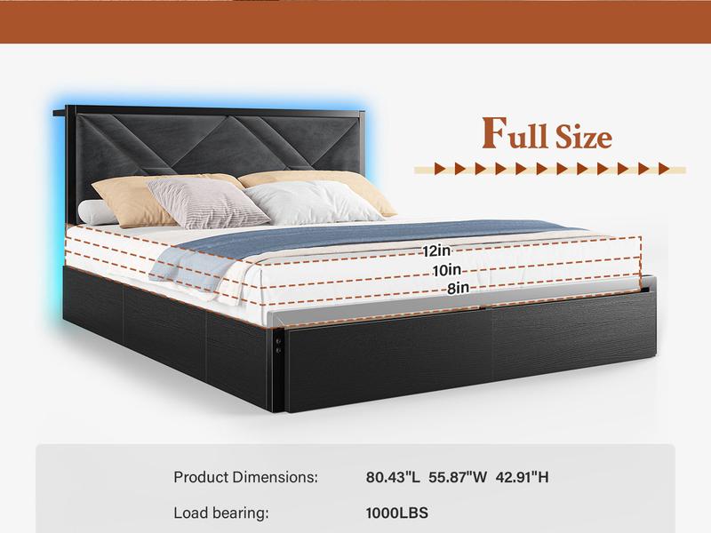 Raybee Luxury Bed Frame with 6 Storage Drawers, LED Lights & Charging Station, Full Queen Platform Bed Frame with Upholstered Headboard & Shelf, No Noise, Holds 1000lbs, No Box Spring Needed,Easy Assembly, Black Raybee Luxury Bed Frame with 6 Storage Drawers, LED Lights & Charging Station, Full Queen Platform Bed Frame with Upholstered Headboard & Shelf, No Noise, Holds 1000lbs, No Box Spring Needed,Easy Assembly, Black