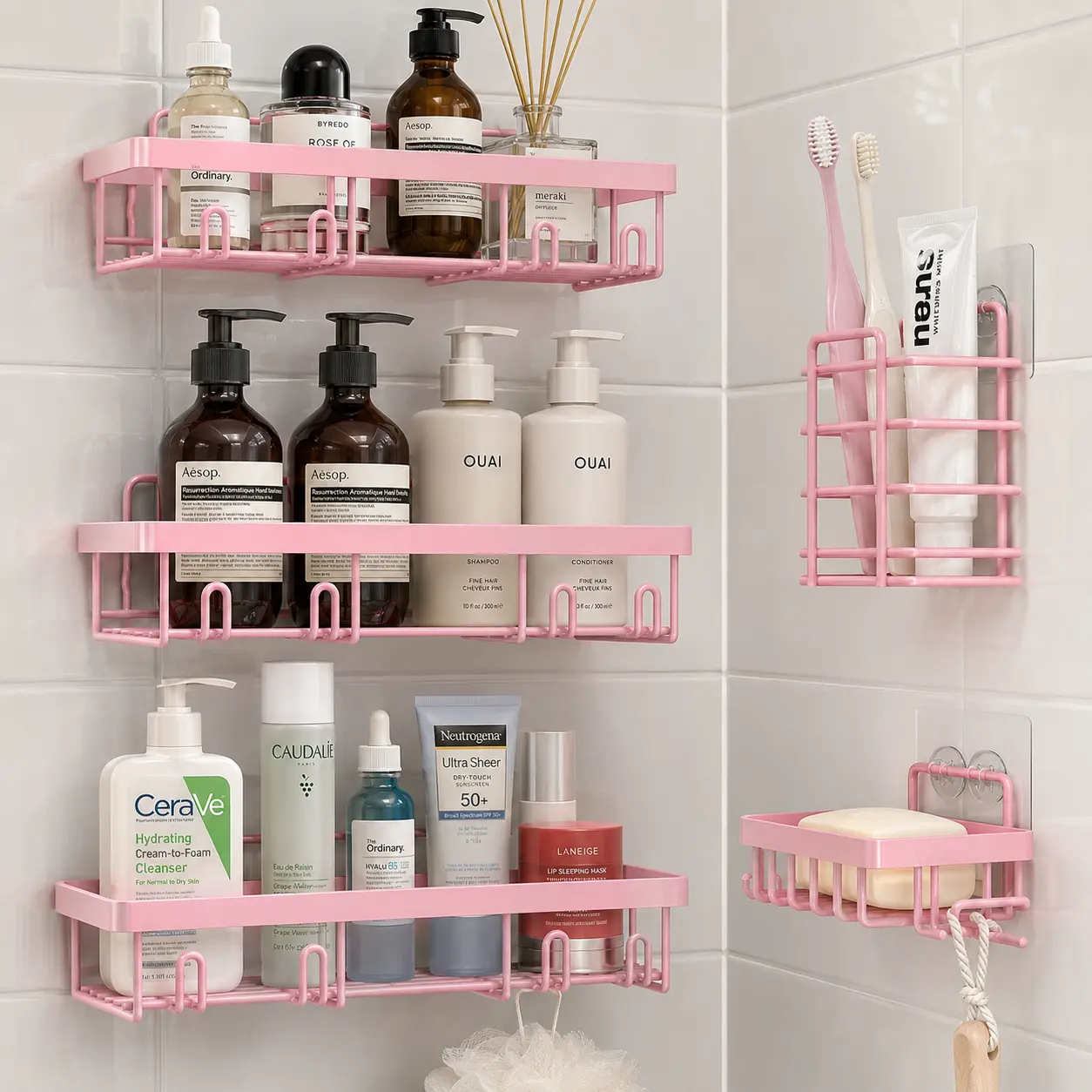 Pink 5-Tier No-Drill Wall Hanging Shower Organizer, Rustproof Adhesive Durable Shower Caddy with Hooks & Toothbrush Holder for Shampoo, Beauty Products & Small Bathroom Storage, Shower Organizers, Mount
