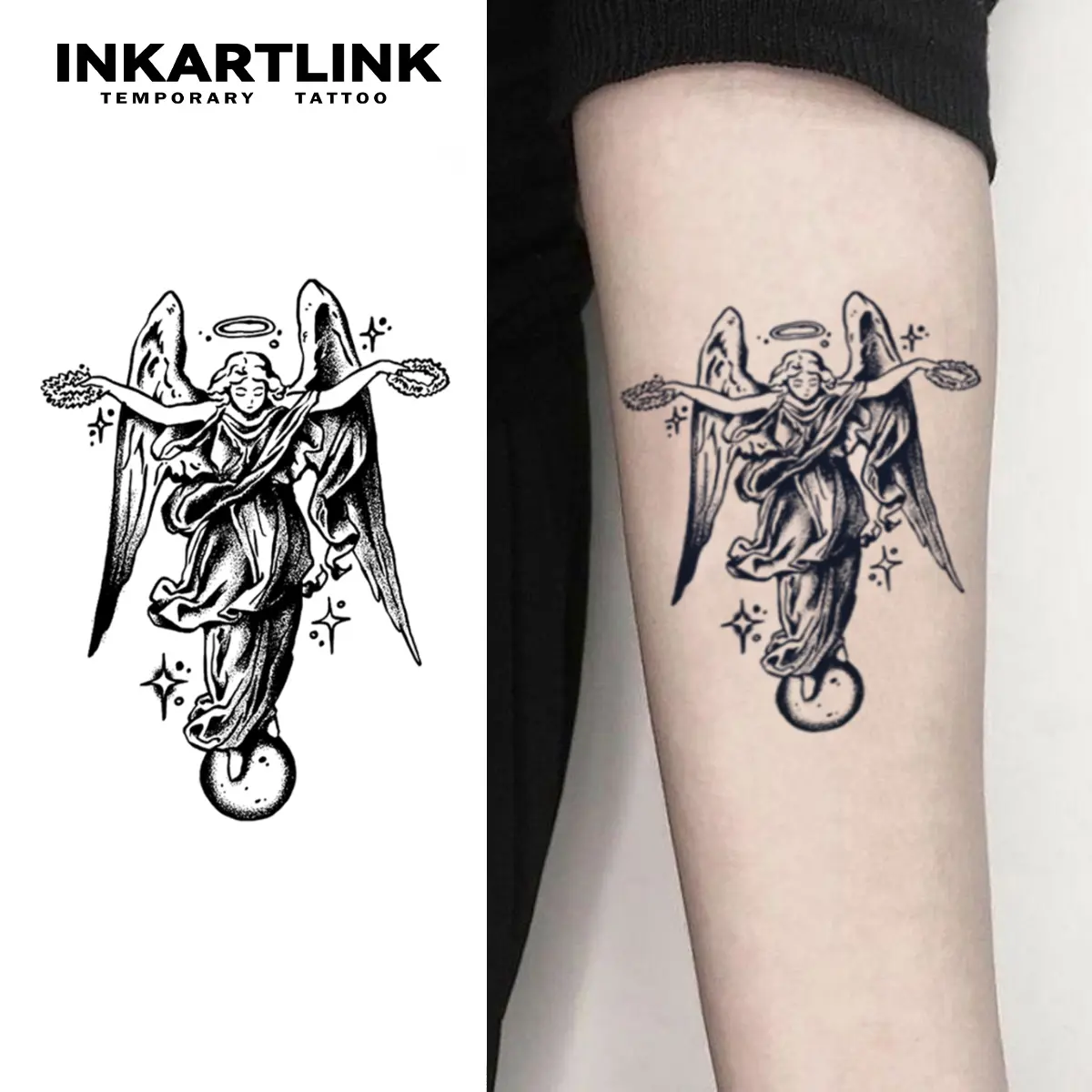 INKARTLINK Women's Waterproof Temporary Tattoos for Adults - 2 Sheets Realistic Angel Wings & Divine Goddess on Moon Sketch Stickers, All Skin Types, Fashion-Focused, Non-Permanent, Black And White, Angel Wings Tattoo, Tattoo Ideas