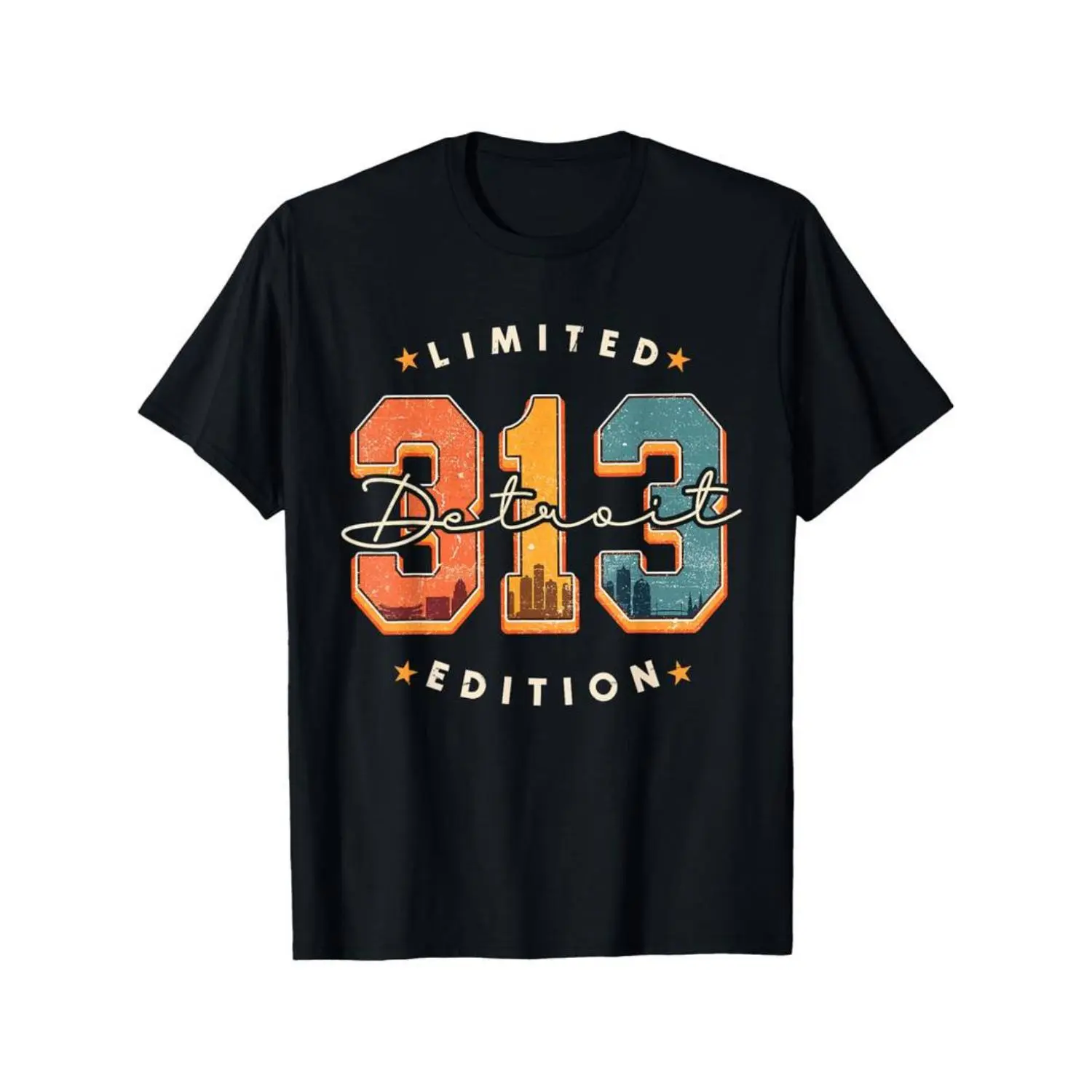 Unisex Crew neck Tee T-shirt 313 Detroit Area Code Skyline Retro Vintage for Men & Women T-Shirt Fabric Menswear