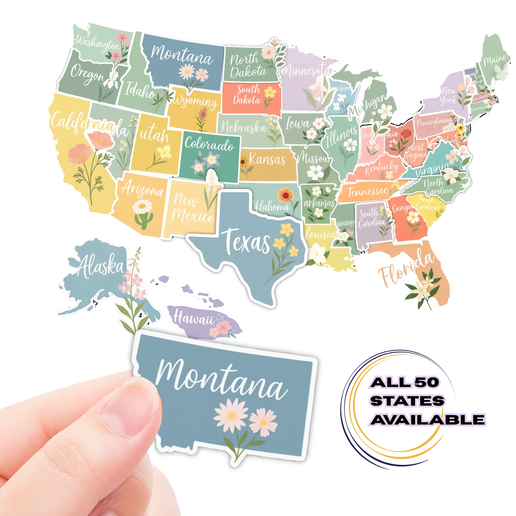 State Stickers, US State Stickers, Floral Vinyl State Stickers, Waterproof Sticker, Die Cut Sticker, Floral Sticker,  Planner Sticker