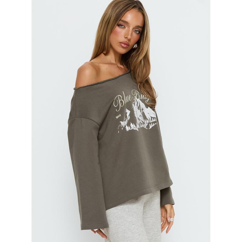 Blue Ridge Mountains Off Shoulder Graphic Sweater Grey