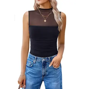 Avidlove Women's Mock Neck Mesh Bodysuit Ruched Tank Body Suits Top Sheer One Piece Going Out Tops Classy Outfits