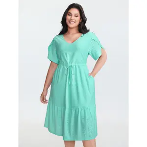 【Summer Turn-Up】Bloomchic Stretchy Eyelet Textured Petal Sleeve Midi Dress 2026 Summer Pick for Mother's Day