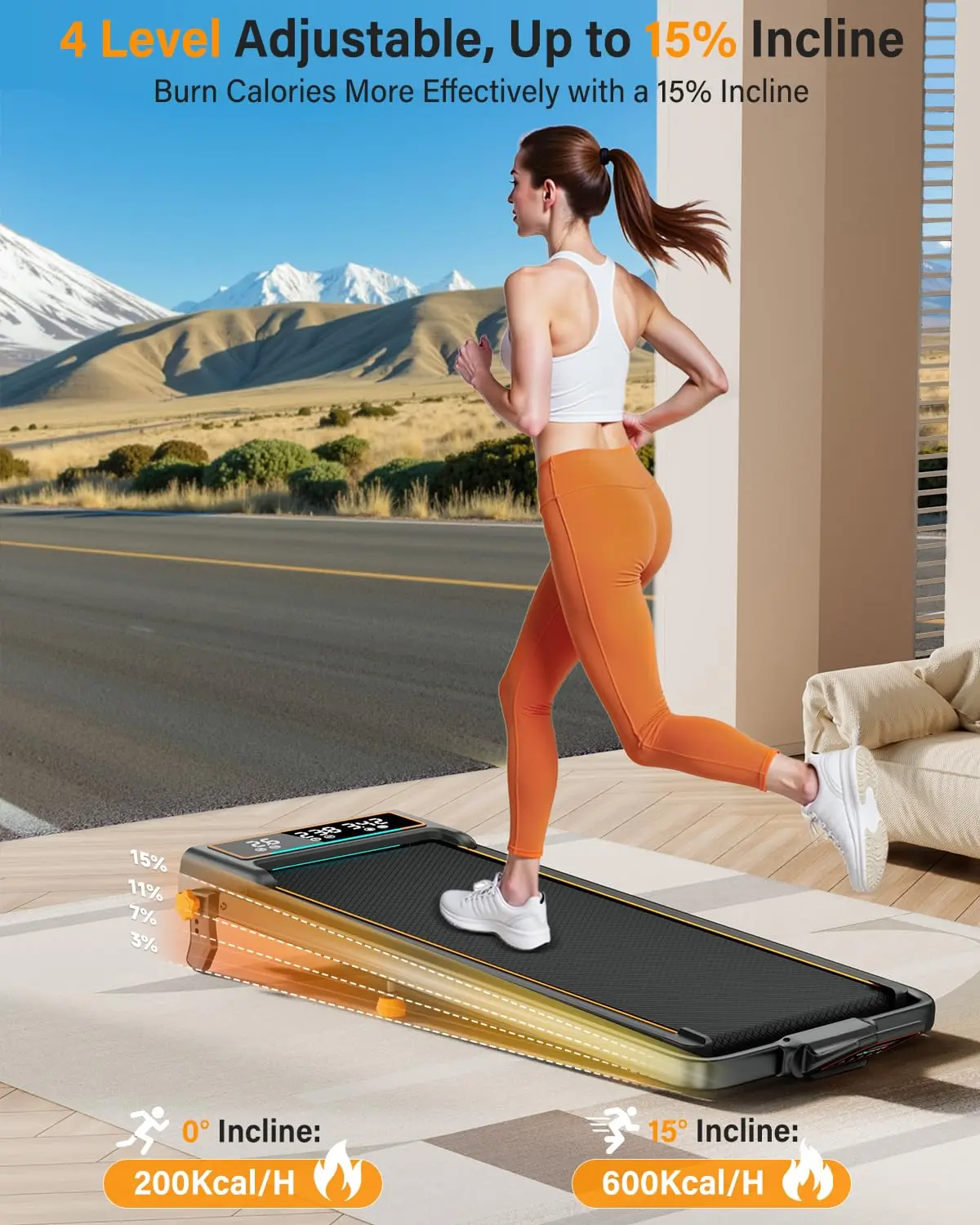 Trisomy-B30 Treadmill Walking Pad with 15% Incline/Handle Bar/2 LED Display, 3.5HP Portable Treadmills for Home Small, Foldable Walking Pad Treadmill 350+lb Capacity, Smart App, 4 Adjustable Incline, RGB Light