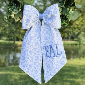 Bow Light Blue Chinoiserie Sash for Boxwood Wreath Chinoiserie Blue Embroidered Scarf for Front Door Wreath Decor Monogrammed Bow for Mirror wreath sash, monogram door decor