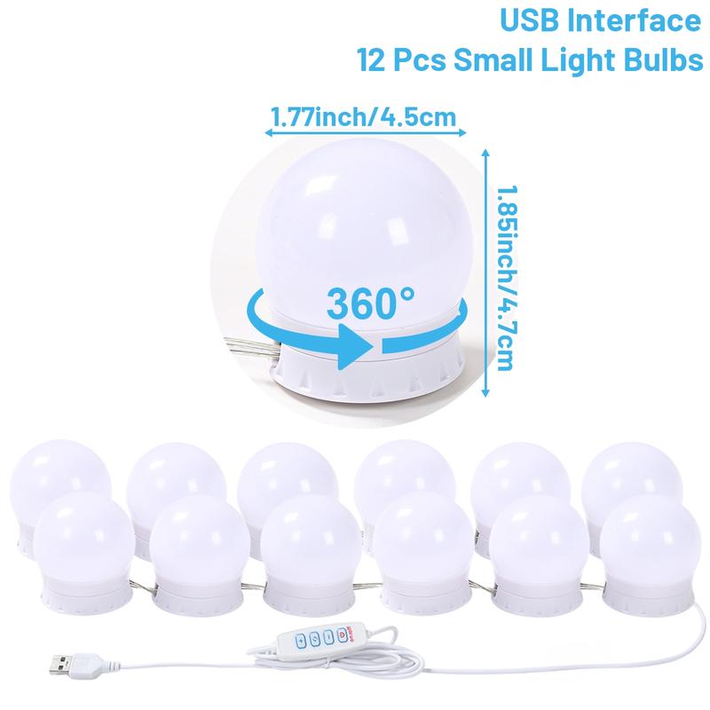 LED Vanity Lights For Mirror, Consciot Hollywood Style With 12 Dimmable Bulbs, Adjustable Color & Brightness, USB Cable, Stick on for Makeup Table Dressing Room Mirror