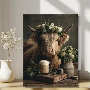 1pc Framed Canvas Print - Highland Cow with Floral Wreath, Irish Beer Mug & Rustic Farmhouse Decor - Ready-to-Hang Country Kitchen, Living Room, Pub Wall Art - Farmhouse Decorations - 12x16 Inch, Detailed Artistry, 2D Flat, Perfect for Room Decor	