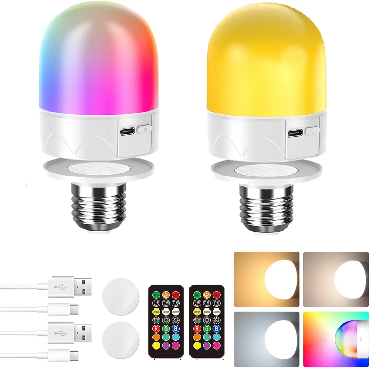 Rechargeable Emergency LED Light Bulbs with Remote and Timer, Energy Efficient RGB Light Bulb E26 with 2000mAh for Home Power Outage Camping