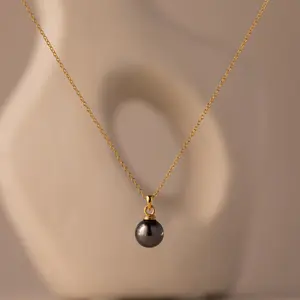 Midnight Pearl Necklace by Caitlyn Minimalist - Round Black Pearl Drop Necklace - Minimalist Gemstone Pendant Necklace - Vintage Jewelry - Gift for Her