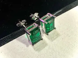 925 Sterling Silver Emerald Stud Earrings for Women 7×5MM Birthstone Gift