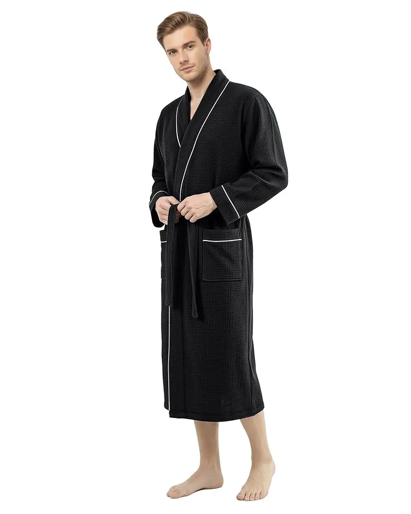 NY Threads Men's Classic Plain Mid-Length Waffle Knit Polycotton Blend Robe - Lightweight, Breathable Menswear, Adjustable Belt, Relaxed Fit, Pockets, Year-Round Sleepwear Loungewear, Gifts For Him