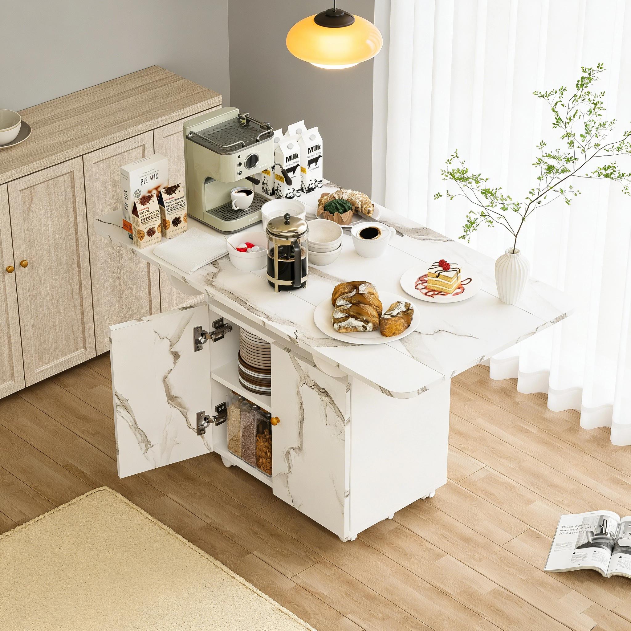 47" Folding Table with Wheels & Storage | Multi-Function Kitchen Island, Dining Table, Desk, Coffee Table & Entryway Console | Space Saving Foldable Table with Marble Top, 6 Casters & Cabinet for Small Spaces, Apartments & Home Office