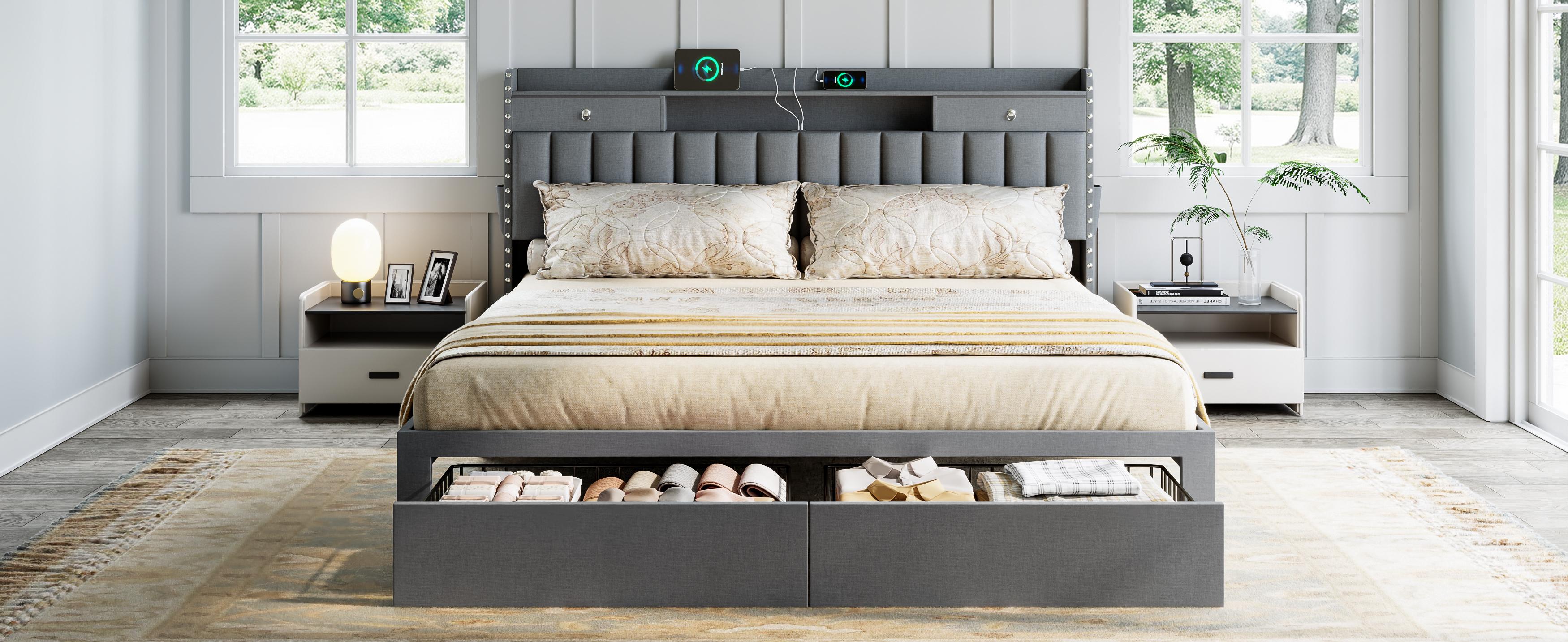 TryLazy Upholstered Flatform Bed Frame with 4 Storage Drawers No MATTRESS Queen Size Wood Slats Holds 900lbs No Noise No Box Spring Needed Full King Twin White Rivet Design USB Socket