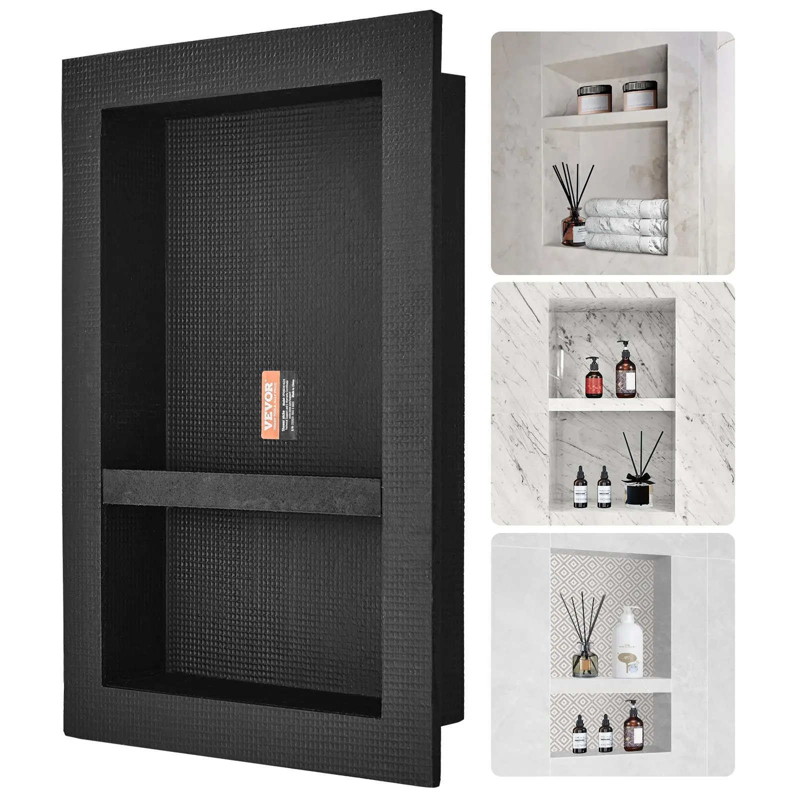 【FathersDayGift】VEVOR Shower Niche Ready for Tile 16" x 24",  , Double Shelf Organizer, Square Corners Wall-inserted Niche Recessed, Sealed Protection Modern Soap Storage Niche for Shower Bathroom, Black Racks Waterproof