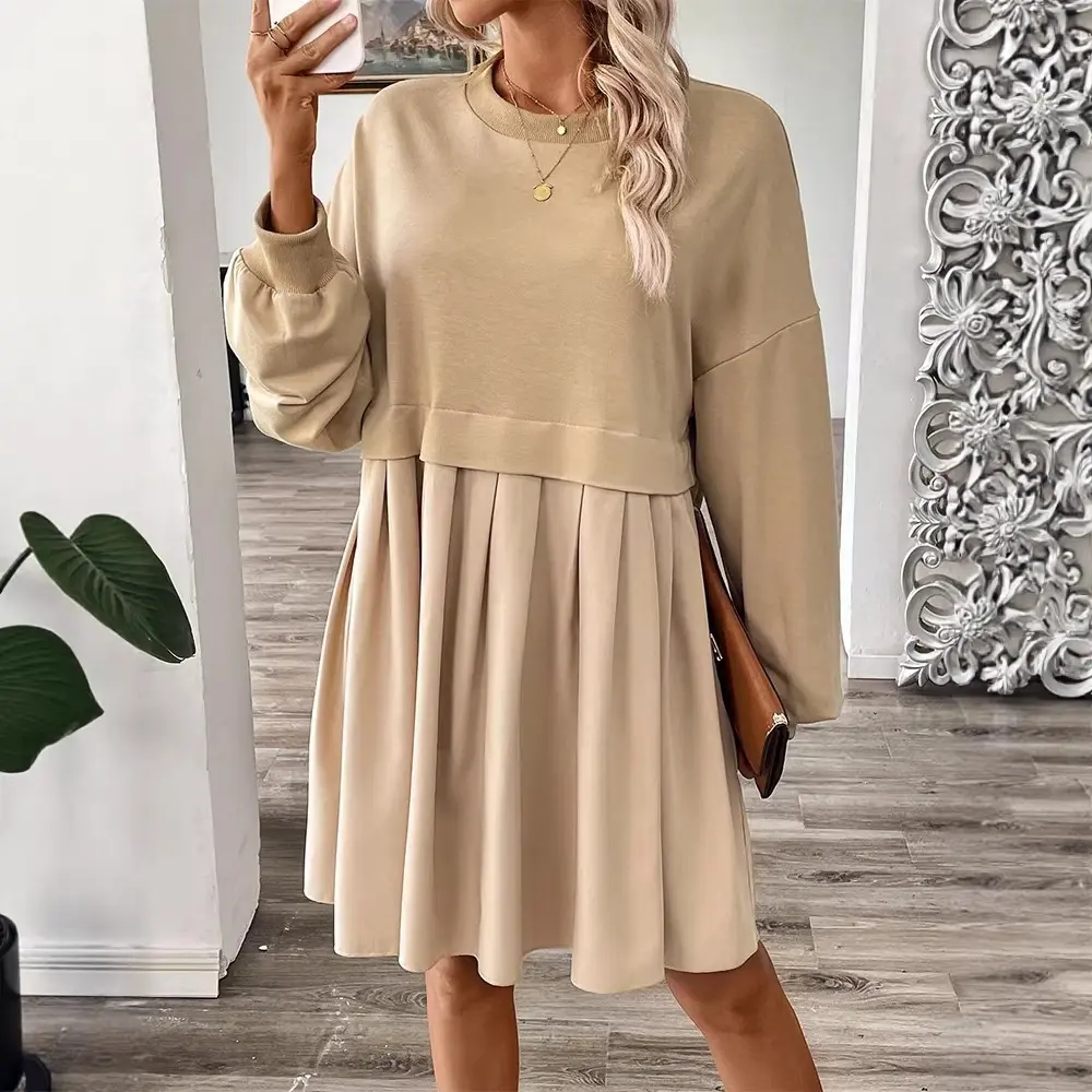 Casual Loose-Fit Two-Piece Dress Autumn/Winter Women's Solid Color Long-Sleeve Patchwork Pleated Sweatshirt Dress