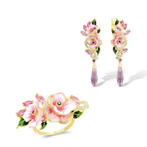 Pink Enamel Flower with Diamond Option Jewelry Set