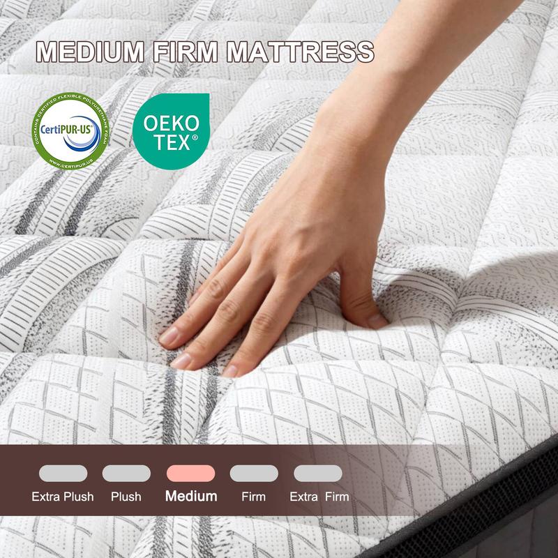 12"14" Gel Memory Foam Hybrid Pocket Spring Mattress Euro Top Medium Firm for Back & Lumbar Support Individual Pocket Spring for Motion Isolation Pressure Relief Twin Full King Queen Mattress CertiPUR-US & OEKO Certified