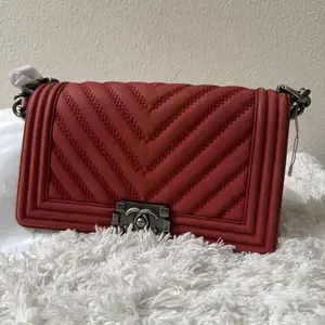 Pre-owned CHANEL Lamb Skin Clutches & Wristlets Boy Coco Mark Chain Shoulder Bag Red Silver Suede