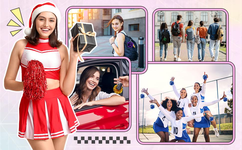20 Pcs Cheer Pom Pom Keychains Cheerleading Graduation Gift Pendant Charm Foil with Keychain Hooks for Students Class Friends School Cheerlead Team Gift Backpack Accessories Decoration