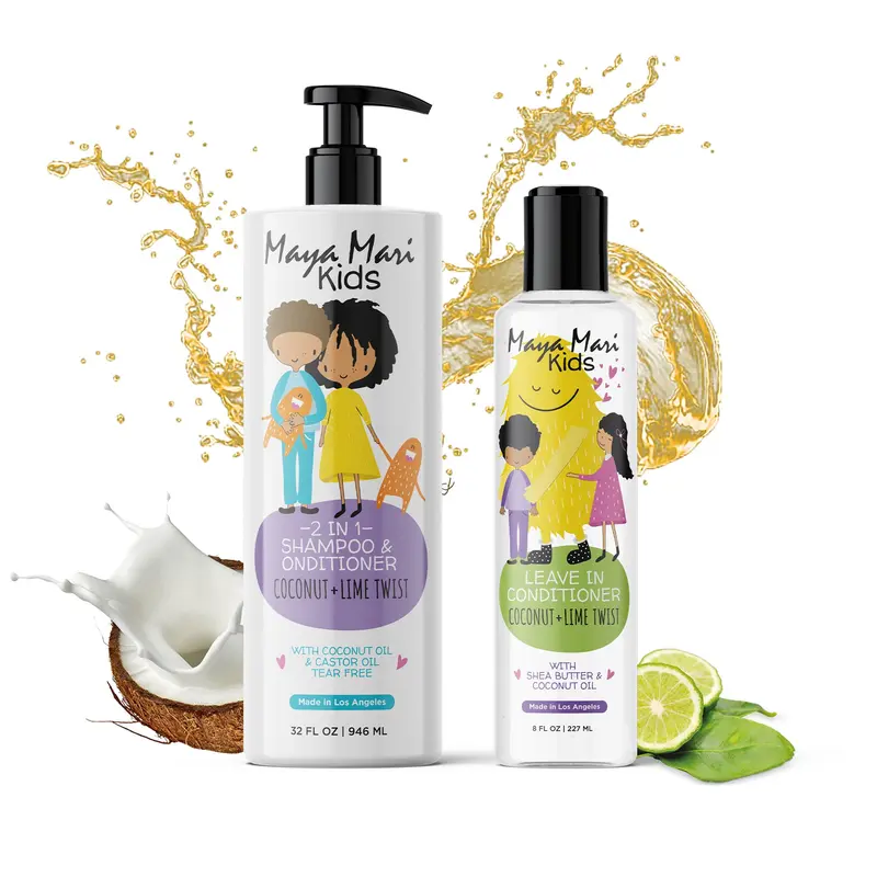 Maya Mari Kids Curly & Wavy Haircare Kit - 2-Piece Non-Toxic Shea, Coconut & Castor Oil Set with 2-in-1 Shampoo & Leave-In Conditioner for Moisture Restore, Nourishing, Frizz Control, Detangling