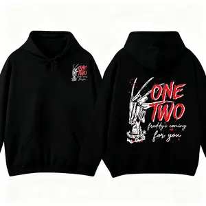 One Two Freddy's Coming For You Double-Sided Hoodie Horror Movie Grunge Graphic Oversized Sweatshirt Tee with Bold Design for Fans