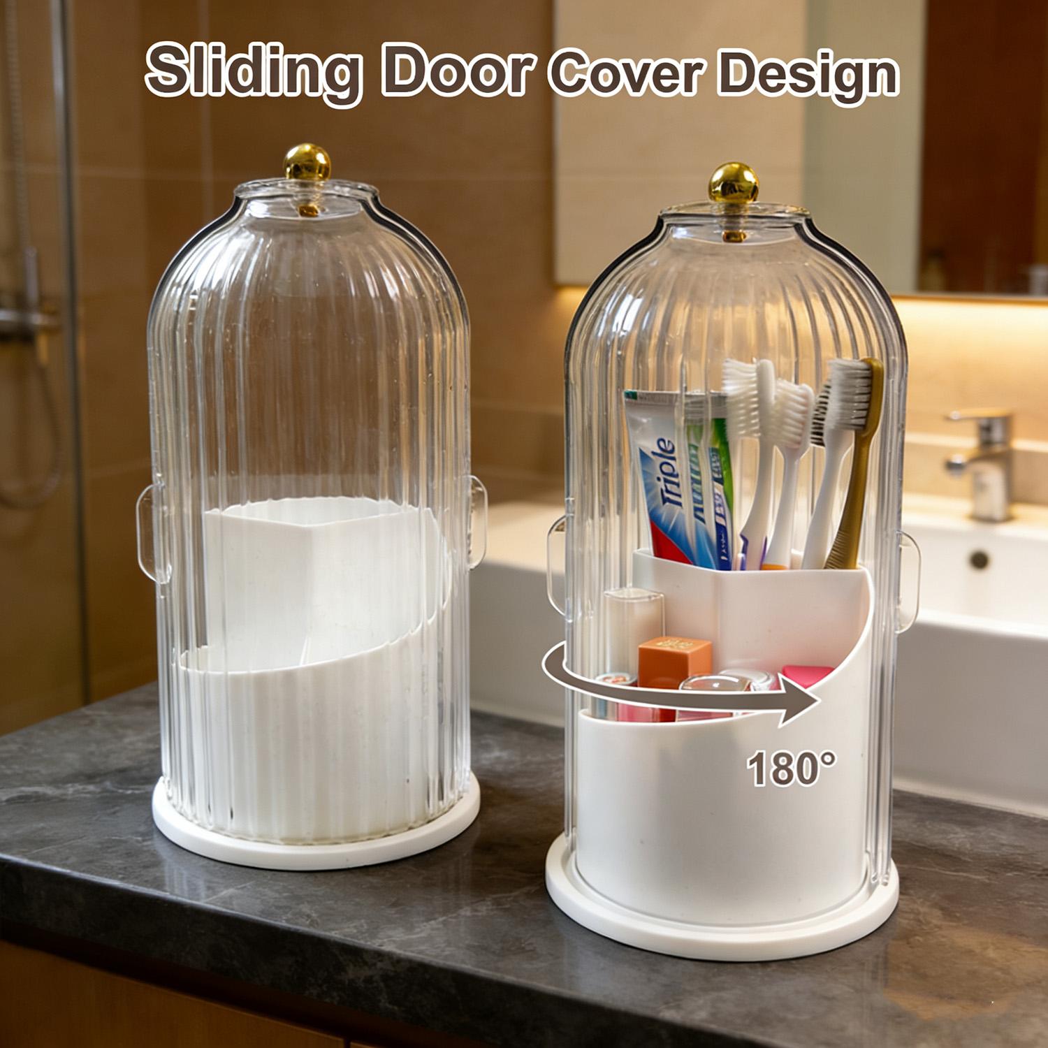 360 Rotating Toothbrush Hoder with Sliding Lid for Bathroom Counter Organizer, 3-in-1 Countertop Organizer for Brushes & Toothpaste, Saves Bathroom Space, Clean, Modern Vanity Decor, Perfect Christmas Gift, Deal of the Home Goods Organizing