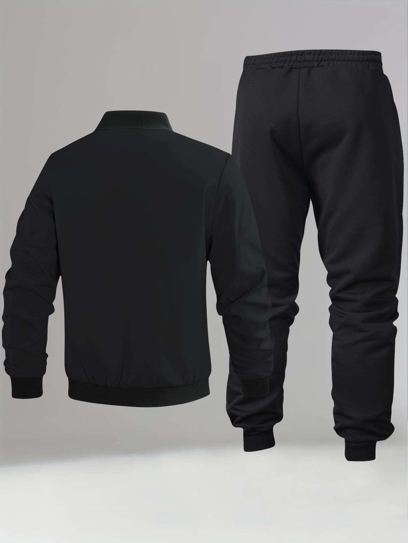 Men's Paris letter pattern colorful striped print bomber jacket with elastic waistband jogger pants two-piece set suitable for spring and autumn casual outdoor daily wear