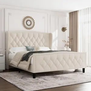 Full Beige Upholstered Bed Frame with 4 Storage Drawers Wingback Headboard with Charging Station Diamond Stitched Button Tufted Design No Box Spring Needed