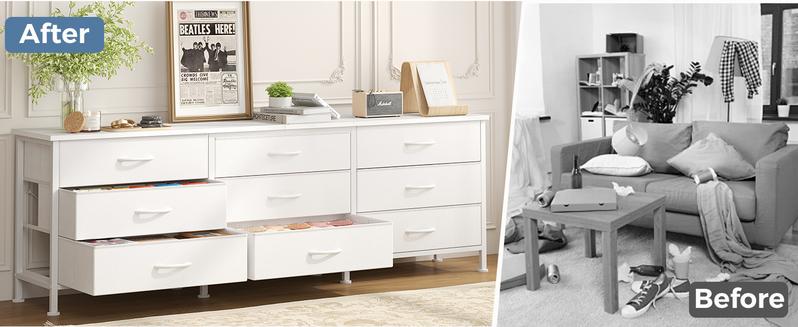 TV Stands for Living Room Furniture with 9 Fabric Drawers, Long Entertainment Center Up to 75 Inch TV, Media Console Table with Storage for Bedroom, Adjustable Feet