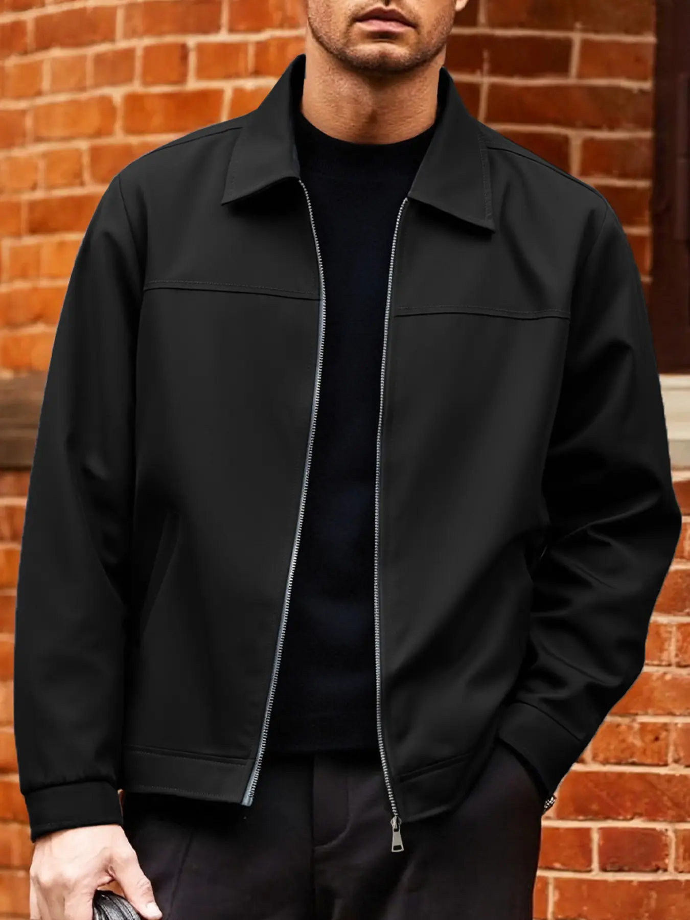 Men's Lightweight Jacket for Spring & Fall, Casual Fitted Plain Design, Long Sleeve, Zipper Closure, Polyester Fabric, Coats, Casual Outerwears, Menswear