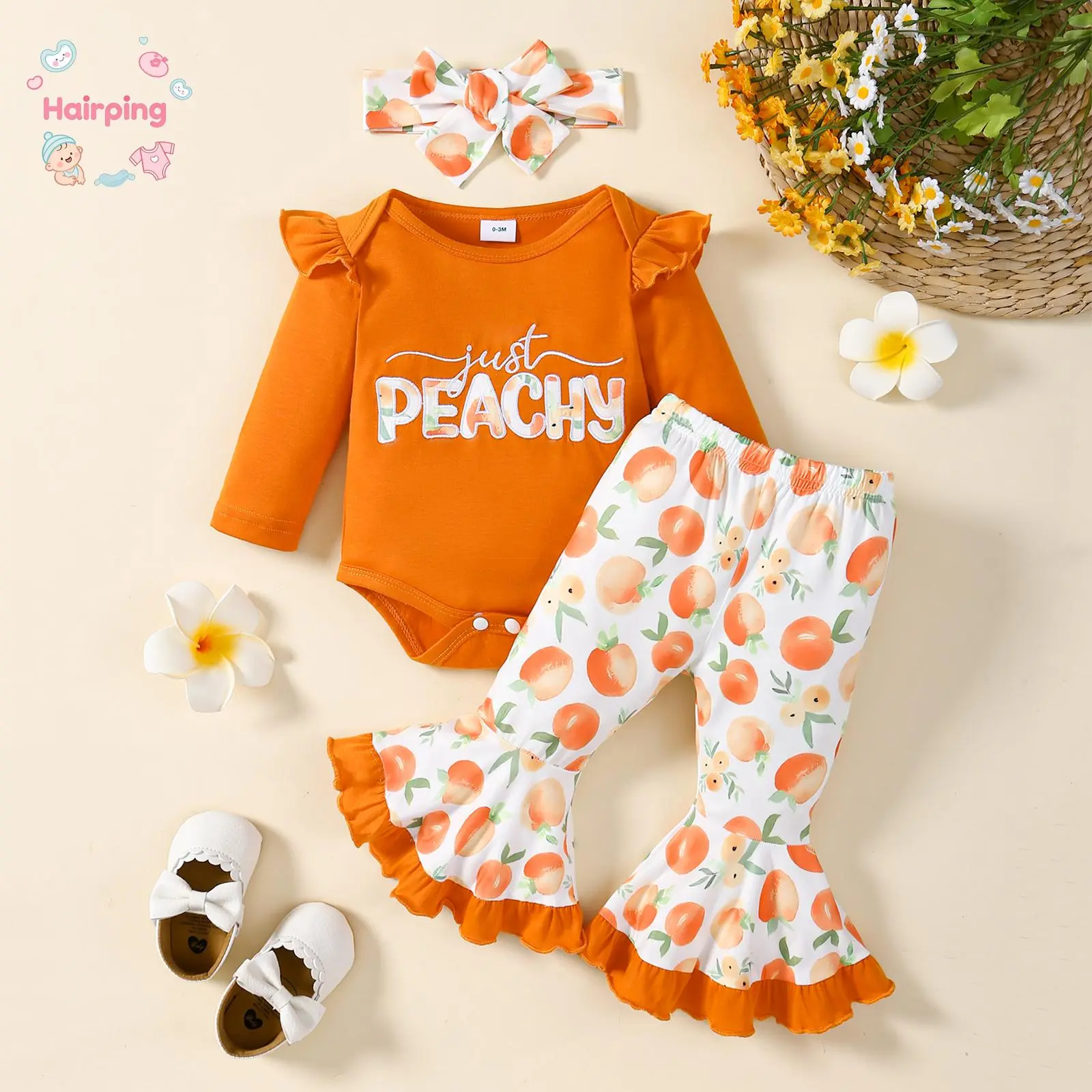 Newborn Girl Polyester Blend Cute Outfit Set - 3PCS Long Sleeve Ruffle Romper, Peach Print Flare Pants, Bow Headband - Fall Winter Baby Clothing for Daily Wear, Baby Shower Gift, Cute Set