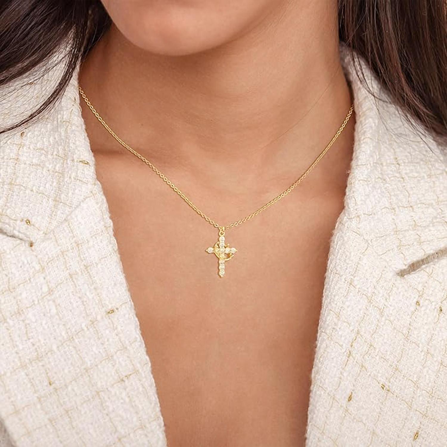 SGGUI Crown Cross Necklace for Women,Dainty 18k Gold Plated/Silver Plated Pendant Necklaces Simple Cute Tiny Necklace Jewelry for Women,Non-Tarnish Faith Jewelry