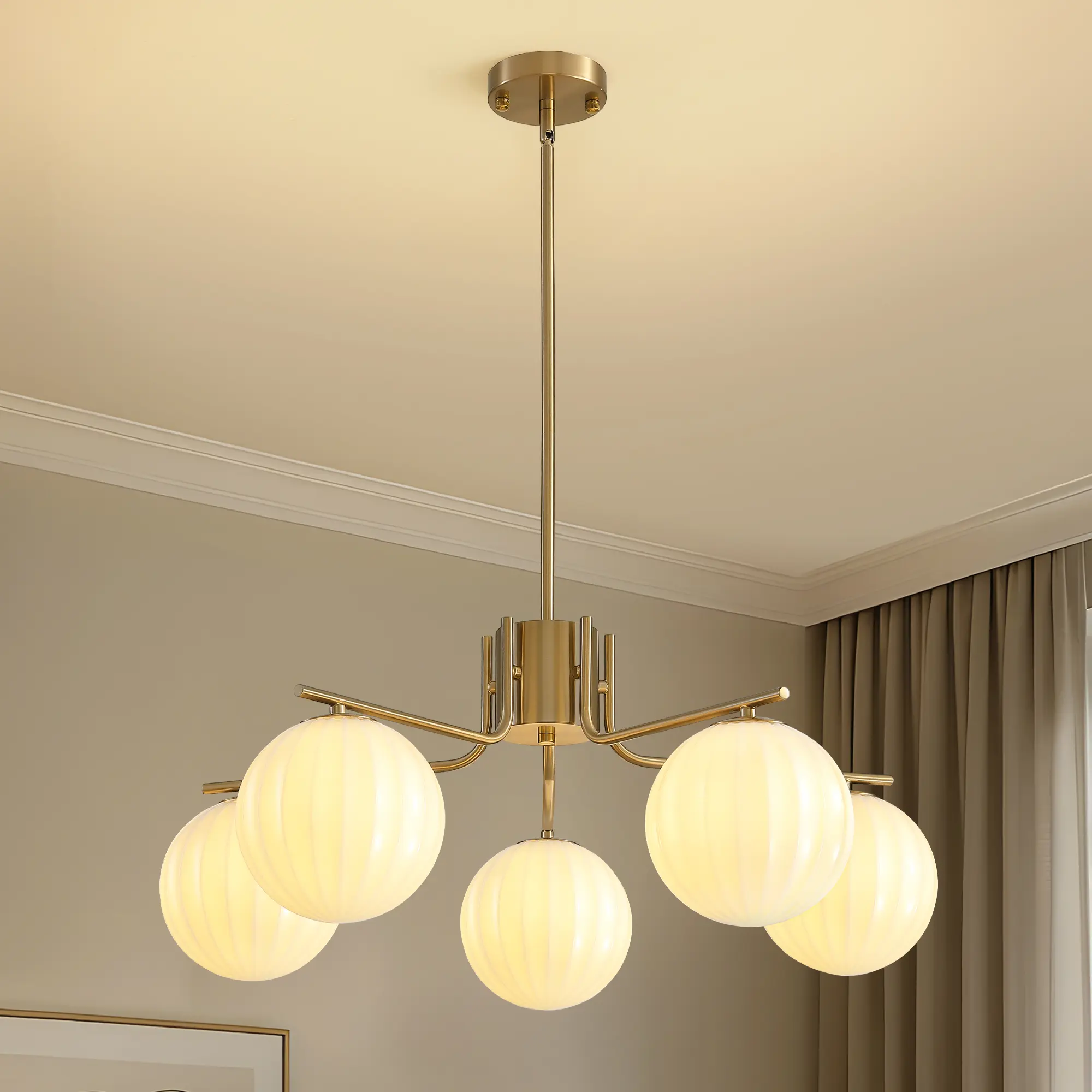 Modern Brass Gold Dimmable Globe Sputnik Pendant Light - 3-Lights 23.6in(80cm) Milk Glass Ball Fixture, 110-240V Worldwide Compatible, Picture-Matched Decorative Fixture for Dining Room, Foyer, Balcony, Warehouse, Decorative Lights, Globe Lamp