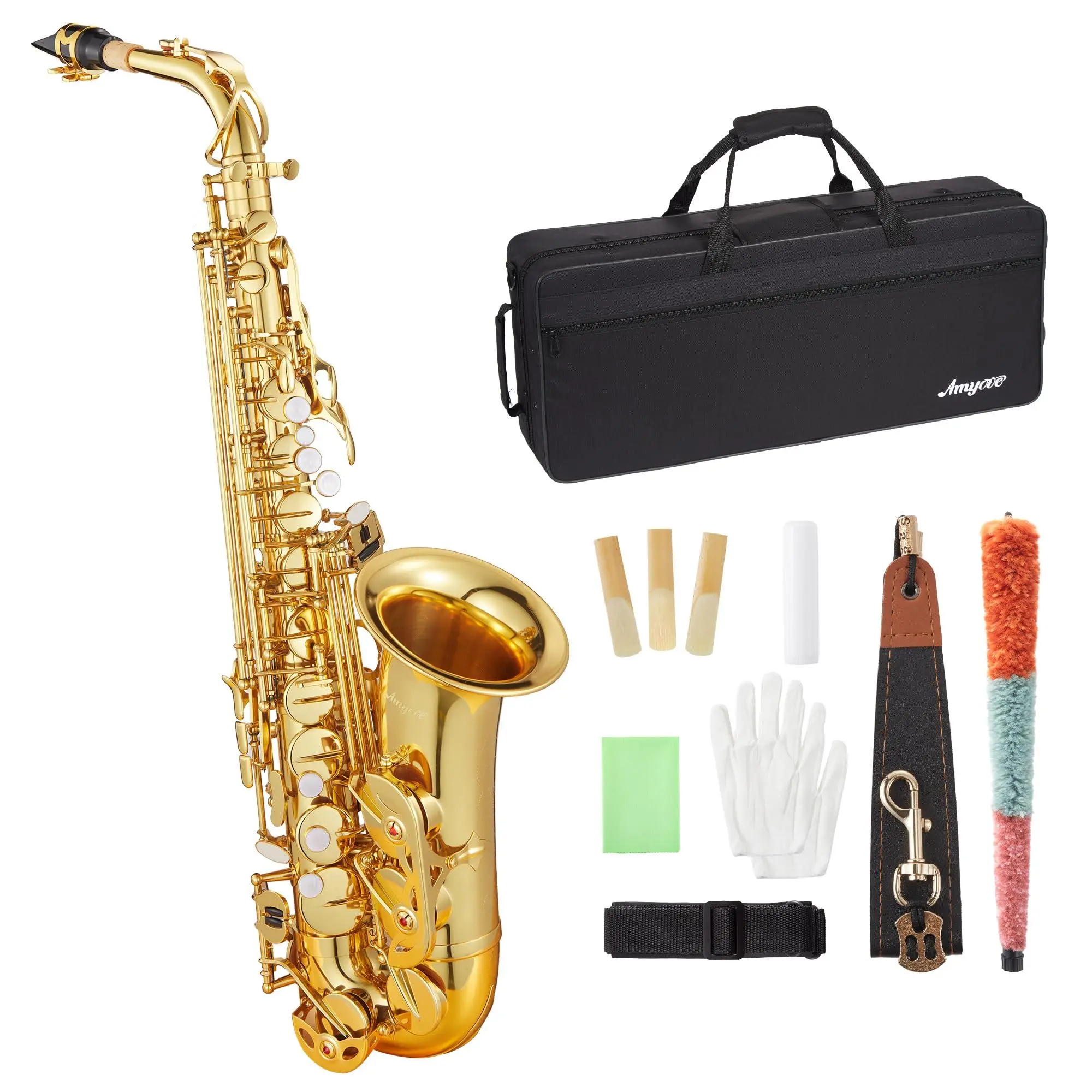 Brass Eb Alto Saxophones - Lightweight Handcrafted with Elegant Finish, Includes Case, Cork Grease, Cloth, Neck Strap, Brush, Gloves, Reed, Ideal for Beginners, Students