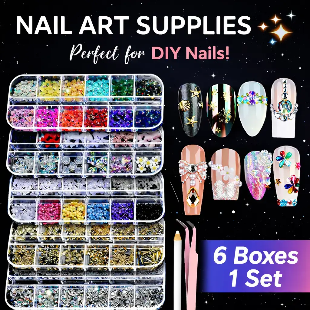 6 Boxes of Rhinestones for Nails Art Tools, 3D Nail Decals Pearls for Nails,Nail Kit with Nail Art Charms Nail Rhinestones