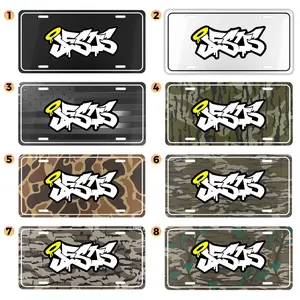 Jesus Graffiti Crown License Plate, 12x6 Aluminum Vanity Tag, Christian Car Accessory, Street Art Style, Camo Black Silver Background, Gift Idea