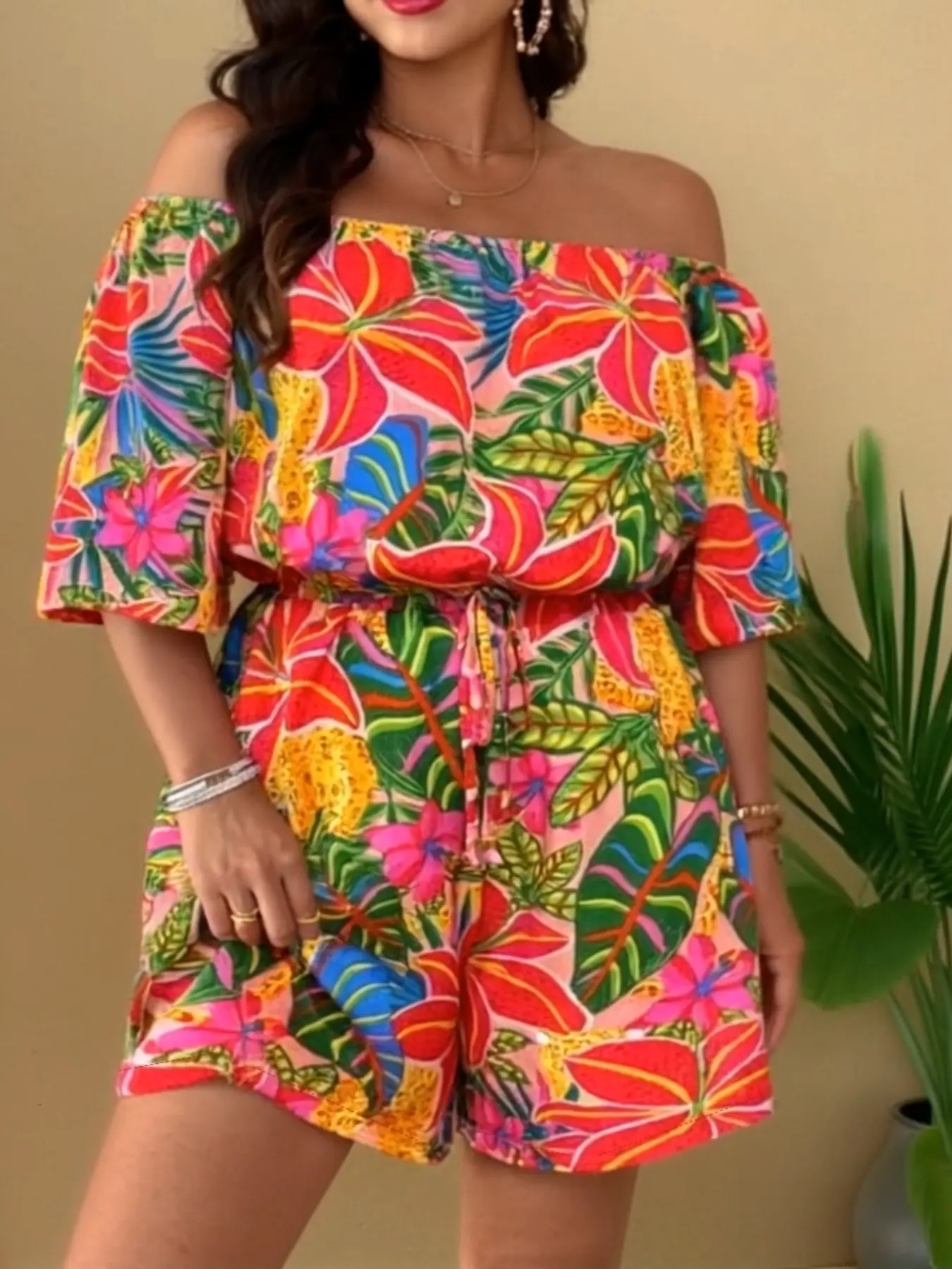 New Floral One-Piece Romper, Women's Tropical Printed Off-Shoulder Short Sleeve Loose Romper, Trendy Fashion Apparel, Fashionable Boho Bohemian Style Short Jumpsuit, Summer Casual Outfit, Floral Jumpsuits