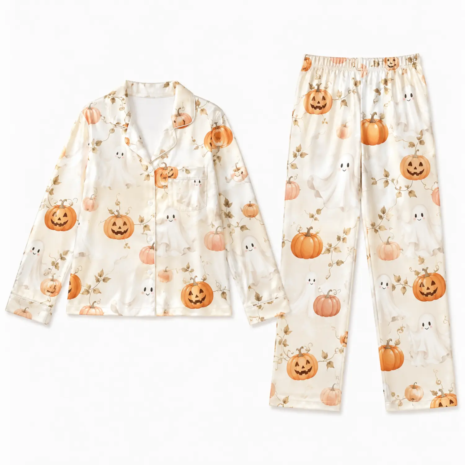 Women’s Halloween Pumpkin Ghost Satin Pajama Set, Long Sleeve Button-Down Top and Pants, Cozy Fall Winter Sleepwear