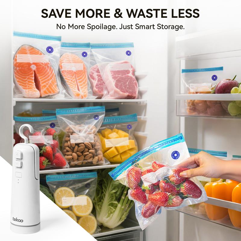TAKOO Cordless Handheld Vacuum Sealer Kit, 3-in-1 Food Saver for Bags, Mason Jars & Wine Bottles, Seals Snacks & Inflates Balls, with Bonus Reusable Bags