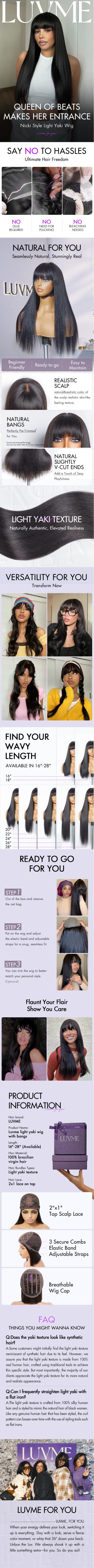 LUVME Yaki Straight Ultra Natural Minimalist Undetectable Lace Long Wig With Bangs