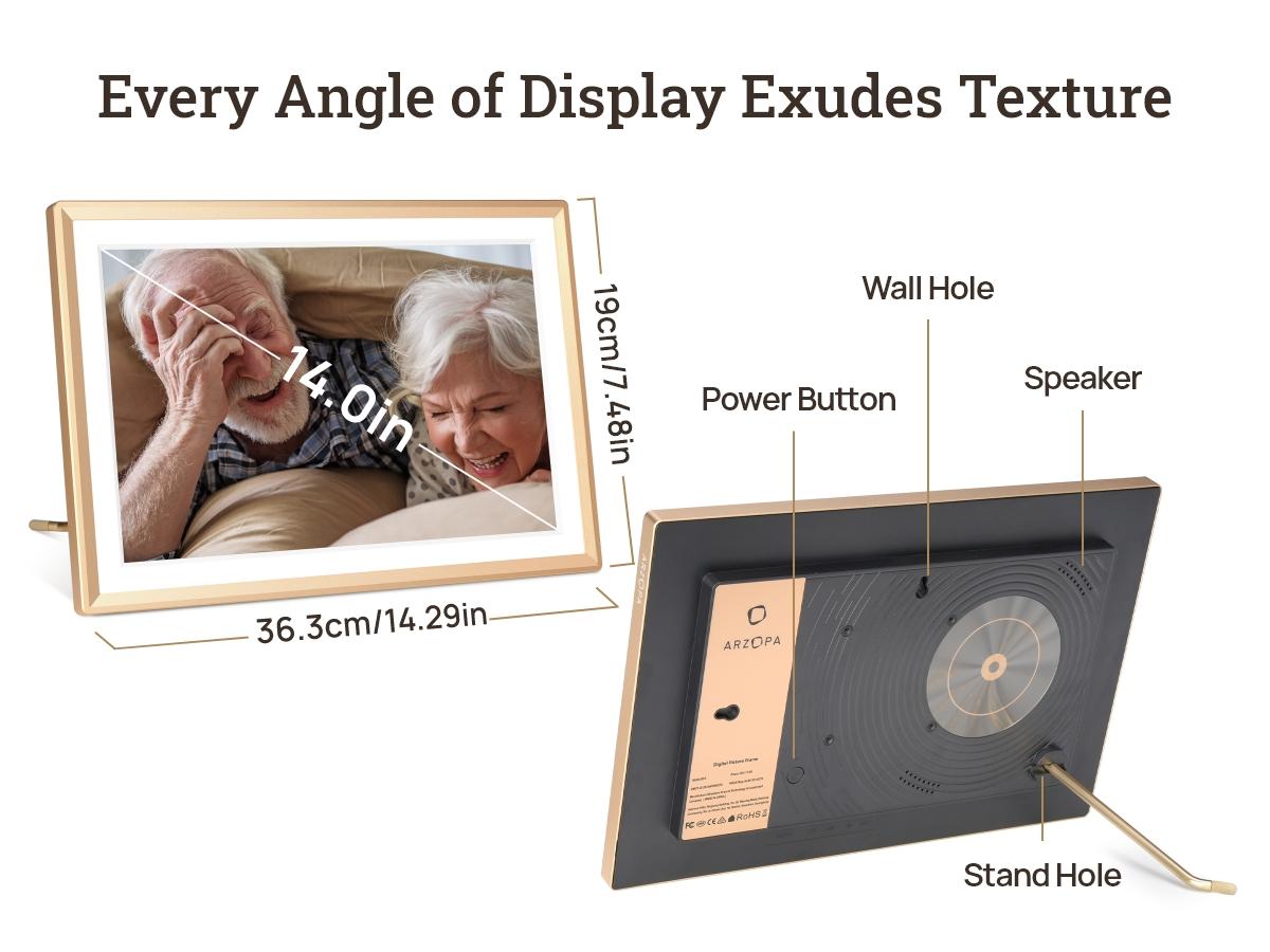 ARZOPA 14.0" Gold Digital Photo Frame Free Unlimited Cloud Storage Touch Screen Auto-Rotate 120s Video Slideshow for Family Friends Couples Nostalgic Memories Display Decor