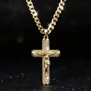 Copper Inlaid 14K Gold-Plated Chunky Cuban Cross Pendant Necklace Luxury Hip-Hop Statement Jewelry with Oversized CZ Cross