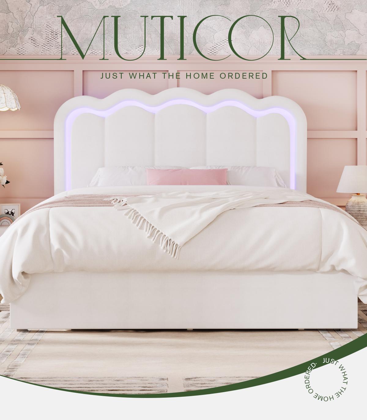 MUTIOCR Velvet Upholstered Bed Frame with Smart LED Lights Large Storage Drawer Adjustable Wavy Headboard No Box Spring Needed Twin Full Queen Sizes White Black Cream Pink