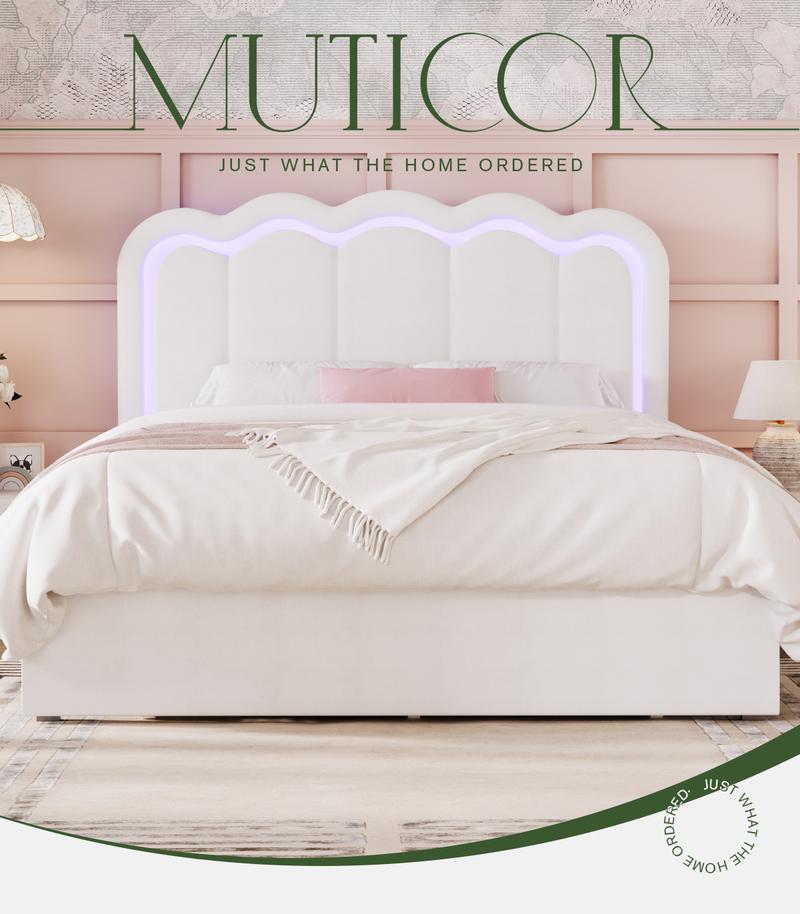 MUTIOCR Velvet Upholstered Bed Frame with Smart LED Lights Large Storage Drawer Adjustable Wavy Headboard No Box Spring Needed Twin Full Queen Sizes White Black Cream Pink