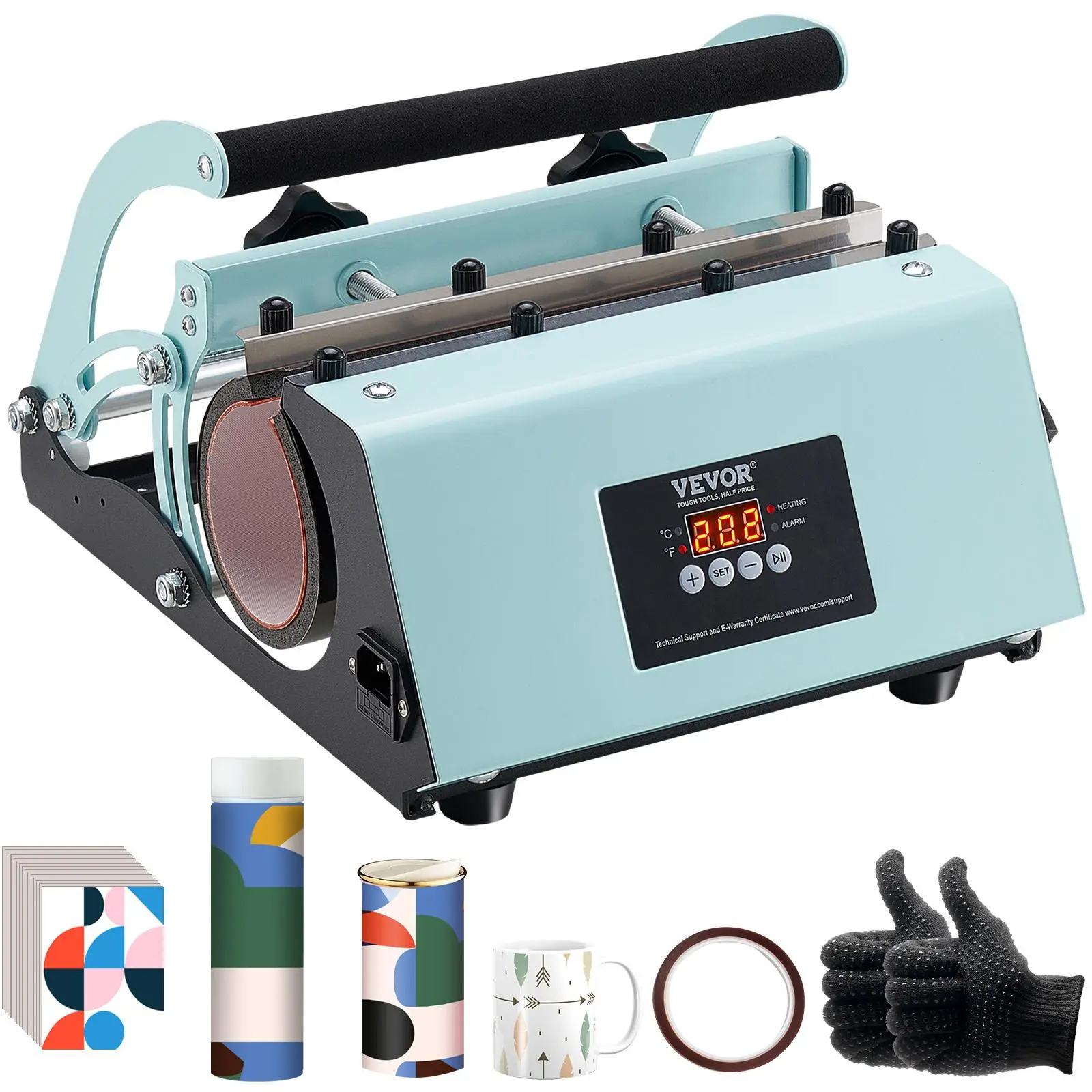 【Summerfinds】VEVOR Tumbler Heat Press Machine, 11-30oz Mug Press, Heat Up Fast and Even, Tumbler Press with Sublimation Paper, Tape and Gloves, Temp and Time Setting, for Sublimation Tumblers, Cups, Mugs, Green