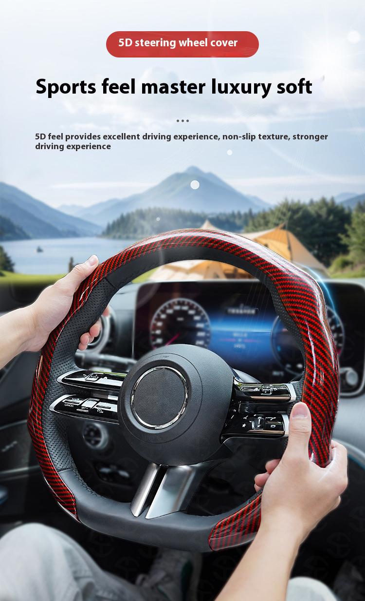 SUPEREVER Men's Laser Carbon Fiber Pattern Steering Wheel Cover 15" Universal Fit Quick Turn Non-Slip Grip Ultra-Thin Design Quick Install for All-Season Use