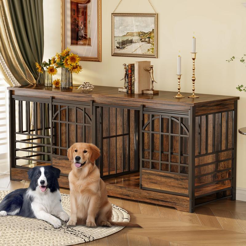 COZPAW Heavy Duty Dog Crate Furniture, 52/78/86 Inch Wooden Dog Kennel Indoor for XLarge Breed, Dog Crates for Large Dogs with Double Doors, Decorate as House TV Stand, End Table-White Brown