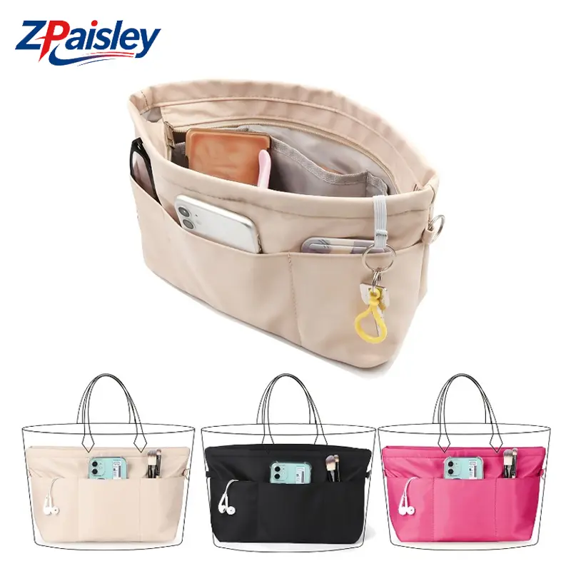 Women's Nylon Tote Bag Organizer Insert - 1Pc Compact, Waterproof, Multiple Pockets with Zipper, Fits Tote Bags, Handbag Inner Pouch for Work Travel, Daily Use