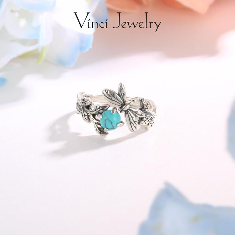 925 Synthetic Turquoise Open Ring with Unique Dragonfly and Leaf Design, Unique and Vintage Sterling Silver Adjustable Ring Jewelry for Women&Men, Unisex Gift to Friends, Pagan and Ethnic Style